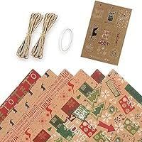 Pack of 2 Layninder Christmas Wrapping Paper, 8 Sheets Vintage Kraft Wrapping Paper w/Tags Stickers Rope, Xmas Paper w/Santa Reindeer Merry Christmas, Gift Paper for Holiday (27.6x19.7in, Folded)