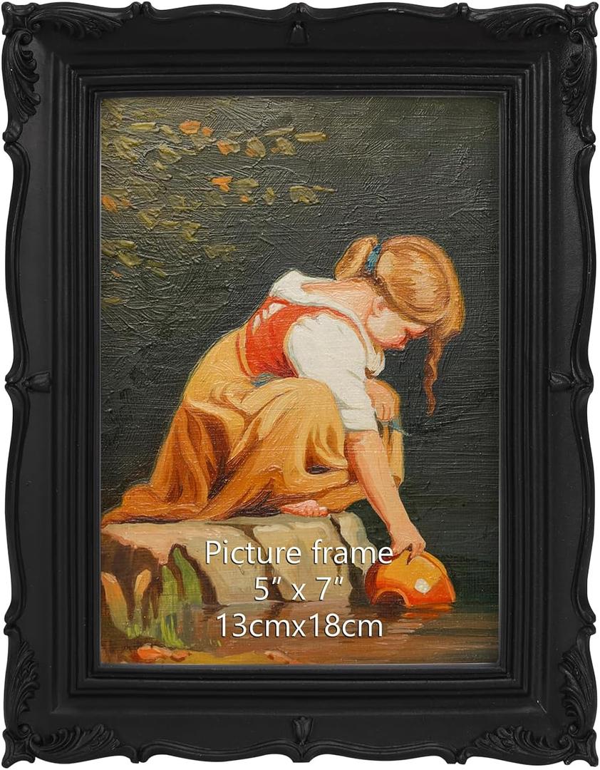 PHAREGE Vintage Picture Frame 5x7 Black, 5 by 7 Ornate Decorative Antique Frame with Mat for 4x6 Photo, Fancy Matted Frame for Desktop or Wall, Horizontal or Vertical
