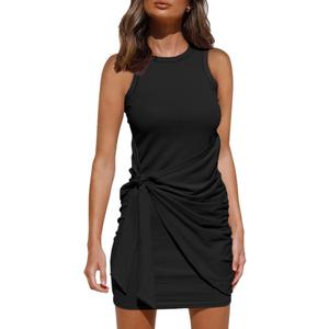 LILLUSORY Women's Casual Sleeveless Bodycon Beach Tank Ruched Mini Dresses (Medium, Black)