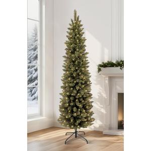 Annecy 6ft Pre-Lit Fir Pencil Christmas Tree, Green Classic Artificial Slim Skinny Christmas Tree for Home, Office, Shop, Party Decoration w/ 400 Tips, 200 Warm White Lights, Metal Hinges & Base, 6 ft