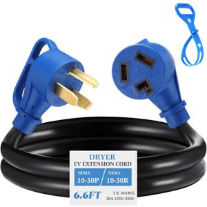 Kanayu 3 Prong Dryer/EV Extension Cord 6.6 FT, 30 Amp Compatible with NEMA 10-30P to 10-30R, for Level 2 EV Charging and 3 Prong Dryer, Flexible STW 10 Gauge Cord with Grip Handle, ETL Listed (Blue)