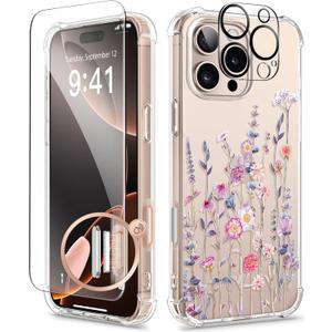 GVIEWIN for iPhone 16 Pro Case, with Screen Protector & Camera Lens Protector [Not Yellowing] Floral Slim Shockproof Protective Clear Flower Women Phone Cover 6.3'' (Floratopia/Colorful)