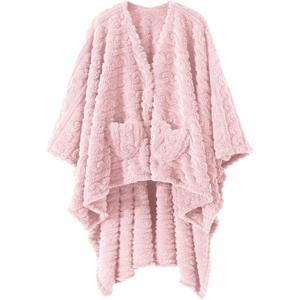 Wearable Blanket Poncho Cape Wrap for Adult, Cozy Sherpa Fleece Pocketed Shawl TV Throw Blankets for Office and Lounge(Pink,58'' x 64'')