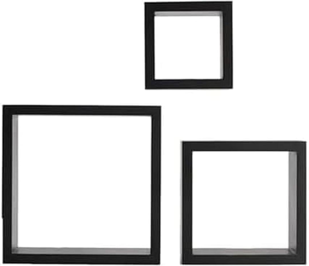 Melannco Floating Wall Square Cube Shelves for Bedroom, Living Room, Bathroom, Kitchen - Wood, Set of 3, Black