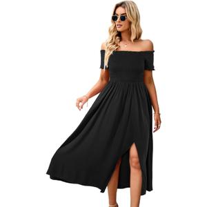 ROYUNA Women's Off The Shoulder Dresses Boho Flowy Smocked Maxi Sundress Beach Vacation Summer Dress 2024 (03 Black)