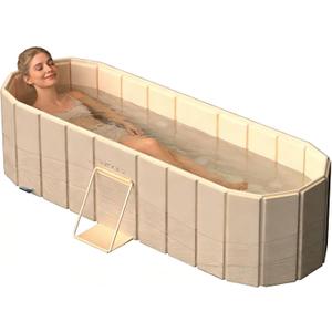 Portable Bathtub for Adults 59" Large Foldable No-Installation Soaking Tub for Shower Stall, Collapsible Standing Plunge Bath with Lid, 5-Layer Insulated Liner, Fast Drain (Beige, 59"×21.6"×19.6")