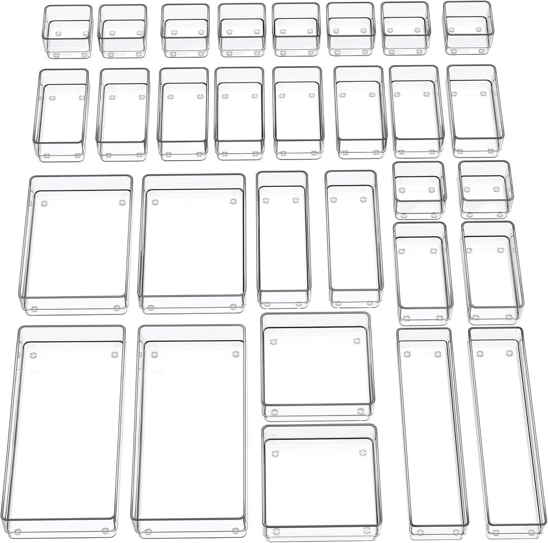 SMARTAKE 30-Piece Drawer Organizer with Non-Slip Silicone Pads, 7-Size Desk Drawer Organizer Trays Storage Tray for Makeup, Jewelries, Utensils in Bedroom Dresser, Office and Kitchen (Clear)