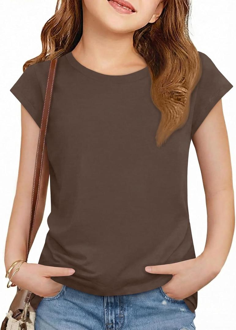 ZDC Girls Short Cap Sleeve T Shirts Kids Crewneck Summer Tops Basic Tees 5-14 Years (Brown)