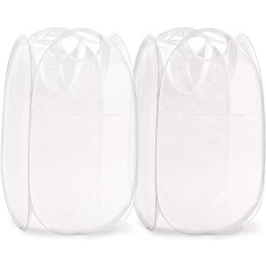 TECHMILLY Collapsible Mesh Pop Up Laundry Hamper with Sturdy Handles and Side Pocket - Portable Foldable Clothes Baskets for Dorm, Bathroom & Travel Storage (White, 2 Packs)