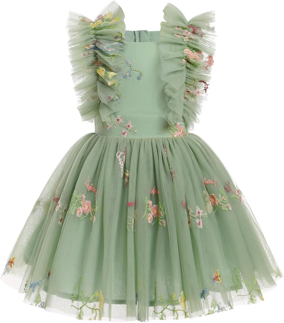 Flower Girls Sequin Butterfly Polka Dots Tutu Dress Kids Mesh Embroidery Tulle Wedding Princess Birthday Party Dresses (Green)
