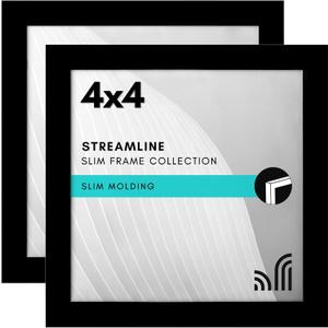 Americanflat 4x4 Picture Frame with Shatter-Resistant Glass - Set of 2 - Streamline Collection - Thin Border Square Frame for Tabletop and Wall - Hanging Hardware- Black