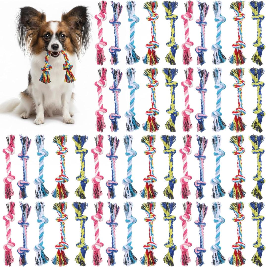 Qianyu 50 PCS Puppy Chew Toy Knot Rope Dog Toys Dental Dog Teething Chew Ropes Multi Color Cotton Interactive Toys Chewers Supplies for Small and Medium Dogs Pet Boredom