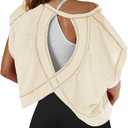 SENSERISE Womens Open Back Workout Tops Backless Short Sleeve Athletic Shirt Running Crop Top Gym Yoga Tee (Large, Beige)
