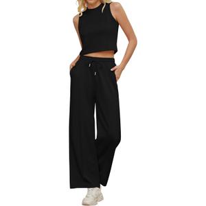 Women 2 Piece Outfits Ribbed Knit Crew Neck Sleeveless Cropped Tank Top Elastic Waist Wide Leg Pants Set (Medium, Black)