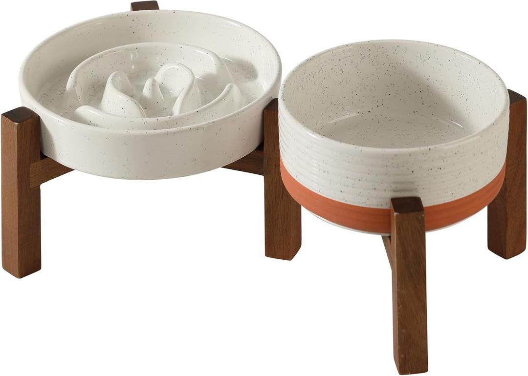 Havniva Elevated Slow Feeder Dog Bowls, 1.2 Cups/7.3 inch Slow Feeders + 6.1 inch Ceramic Dog Food & Water Bowls Set with Acacia Wood Stand Puzzle Bowls for Fast Eater, Small Dogs Anti-Choking