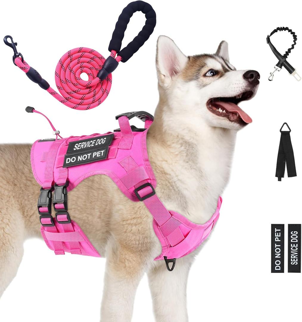 No Pull Tactical Dog Harness for Large Dogs, Escape Proof Molle Dog Vest Harness and Leash Set, Adjustable Military Service Dog Harness with Handle for Medium Large Dogs (Pink, M)