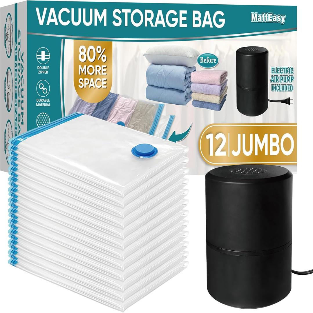 Vacuum Storage Bags with Electric Air Pump, 12 Jumbo (39.4x27.5in), Space Saver Bags with Pump, Storage Vacuum Sealed Bags for Clothes, Comforters, Blankets, Bedding