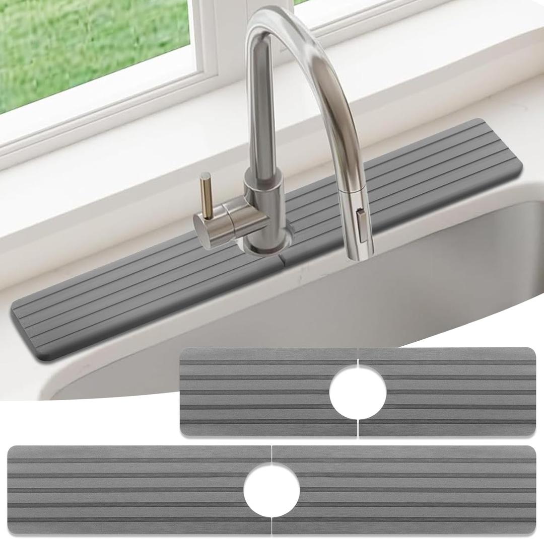 Faucet Mat For Kitchen Sink, 15.8" & 23.6" 2-Pack Diatomite Kitchen Sink Splash Guard, Faucet Guard & Draining Mat - A Real Solution to Keep Your Sink Dry All The Time (Gray)