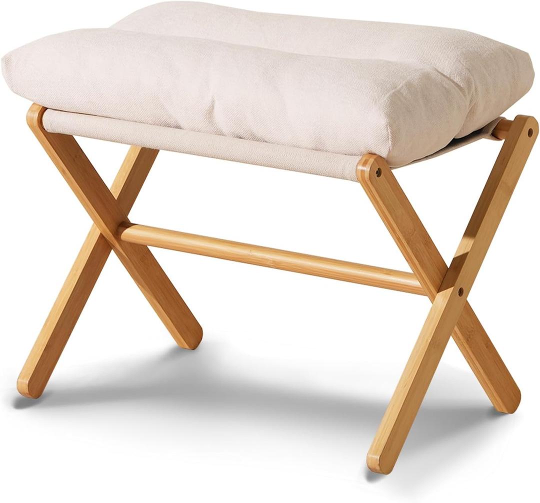 Baveke Ottoman Foot Rest- Bamboo Foldable Stool, Foot Stools Small Ottman with Upholstered & X Legs, Folding Stool for Makeup, Bedroom and Living Room (Large Beige) (21.3"D x 13.4"W x 18.5"H)