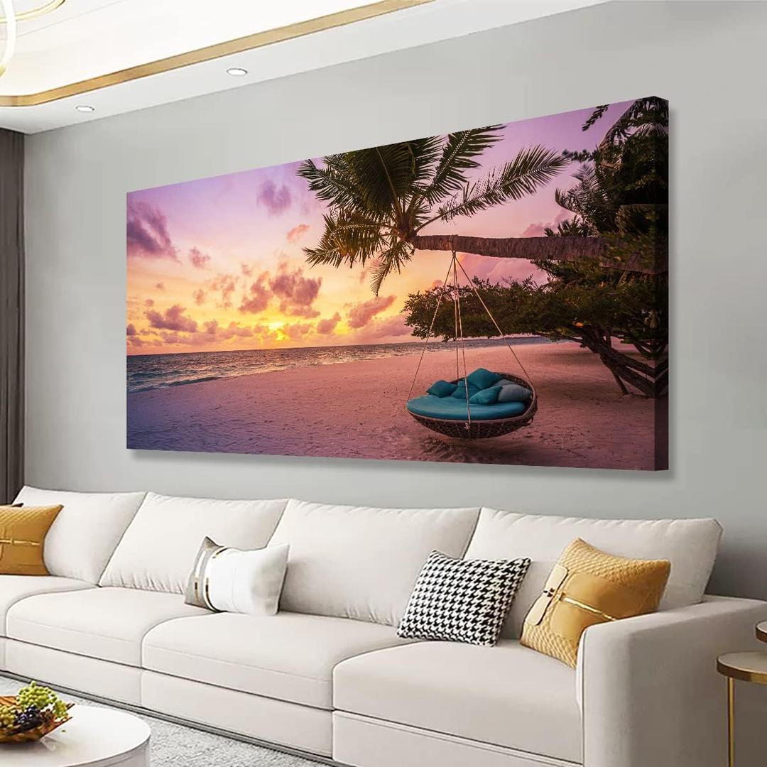 Purple Beach Palm Pictures Canvas Wall Art For Living Room Bedroom Wall Decor,Sunset Wall Art Print Paitnings For Home Decor,Morden Artwork Coconut Tree Canvas Art Ready To Hang-24x48 Inches