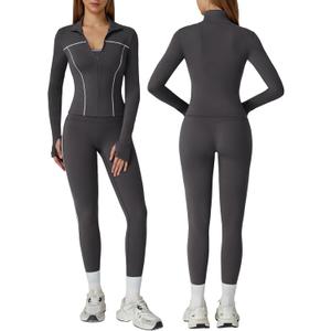 3 Piece Women Workout Set Sports Bra Tank Zip Jacket High Waist Leggings Casual Yoga Gym Outfit Athletic Clothing Sets (Gray, M)