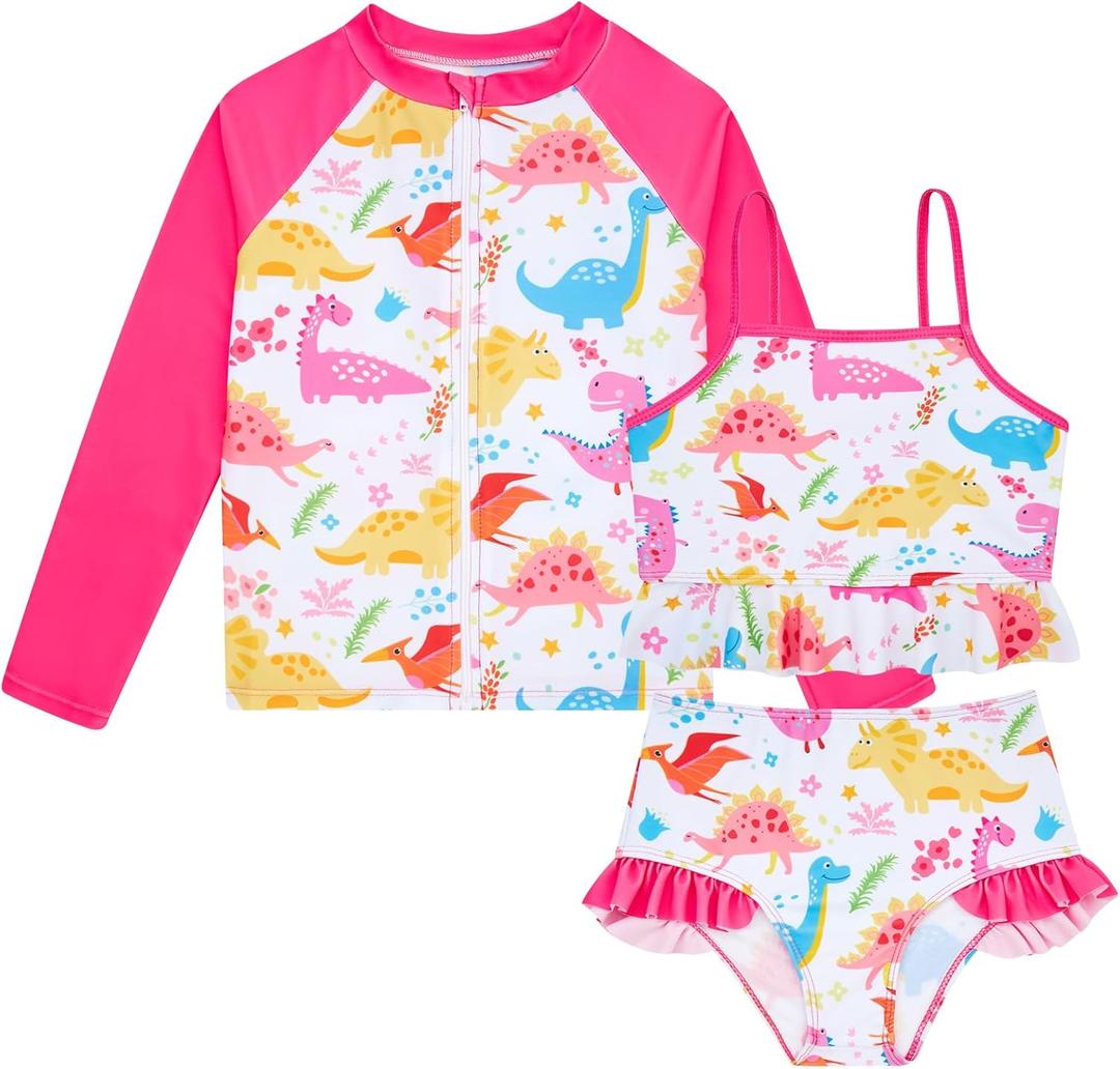 Funnycokid Girls Swimsuit Kids Bathing Suit Rashguard Swimwear Long Sleeve 3 Piece Toddler, 4Y (3-4T)