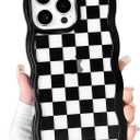 NITITOP Compatible with iPhone 16 Pro Case Cute Clear Curly Wavy Frame Shape Aesthetic Checkerboard Checkered Pattern for Women Girls Shockproof Soft TPU 2 in 1 Protective Phone Cover - Black