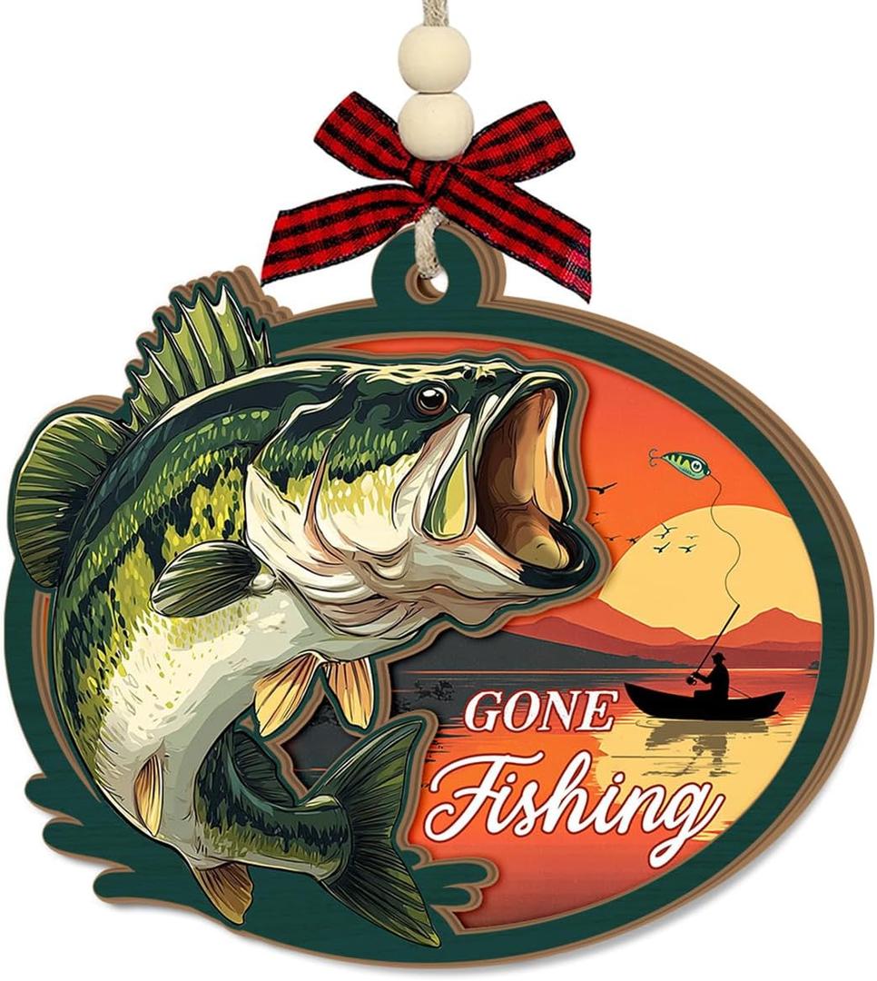 2 x Gone Fishing Christmas Ornament 2025 - Wooden Fish Ornaments for Christmas Tree, Fishing Gifts for Men, Dad, Husband, Grandpa - Fisherman Christmas Decoration, Outdoor Sports Gift Ideas