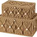 2PCS Macrame Boho Storage Basket with Lid Organza Gift Bags Decorative Bohemian Jewelry Box Bin Handmade Woven Natural Cotton Makeup Organizer Shelf Container (Khaki, 1 Large 1 Small) (Khaki (Decorated with Wood Beads))