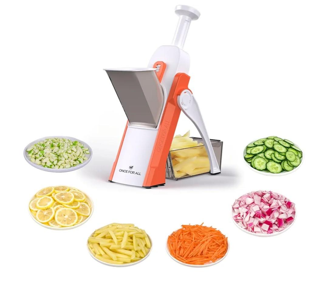 ONCE FOR ALL Safe Mandoline Slicer 5 in 1 Vegetable Cutter, Strips Julienne Dicer Adjustable Thickness 0.1-8 mm for Kitench Fast Meal Prep (Orange)