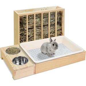 3 in 1 Rabbit Hay Feeder with Litter Box, Wood, Mess Proof, for Guinea Pig, Chinchillas, Hamster, Dwarf Rabbit