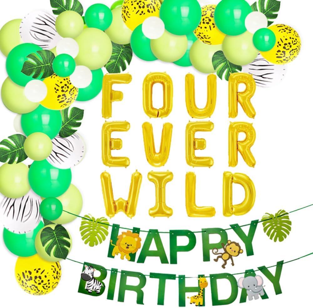 JOYMEMO Jungle Theme 4th Birthday Party Supplies Four Ever Wild Safari Balloons Garland Arch Kit Decorations, Green Artificial Palm Leaves