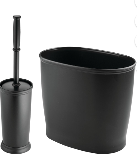 mDesign Modern Compact Freestanding Plastic Toilet Bowl Brush and Oval Wastebasket Garbage Can Combo for Bathroom Storage - Sturdy, Deep Cleaning - Hyde Collection - Set of 2 - Black