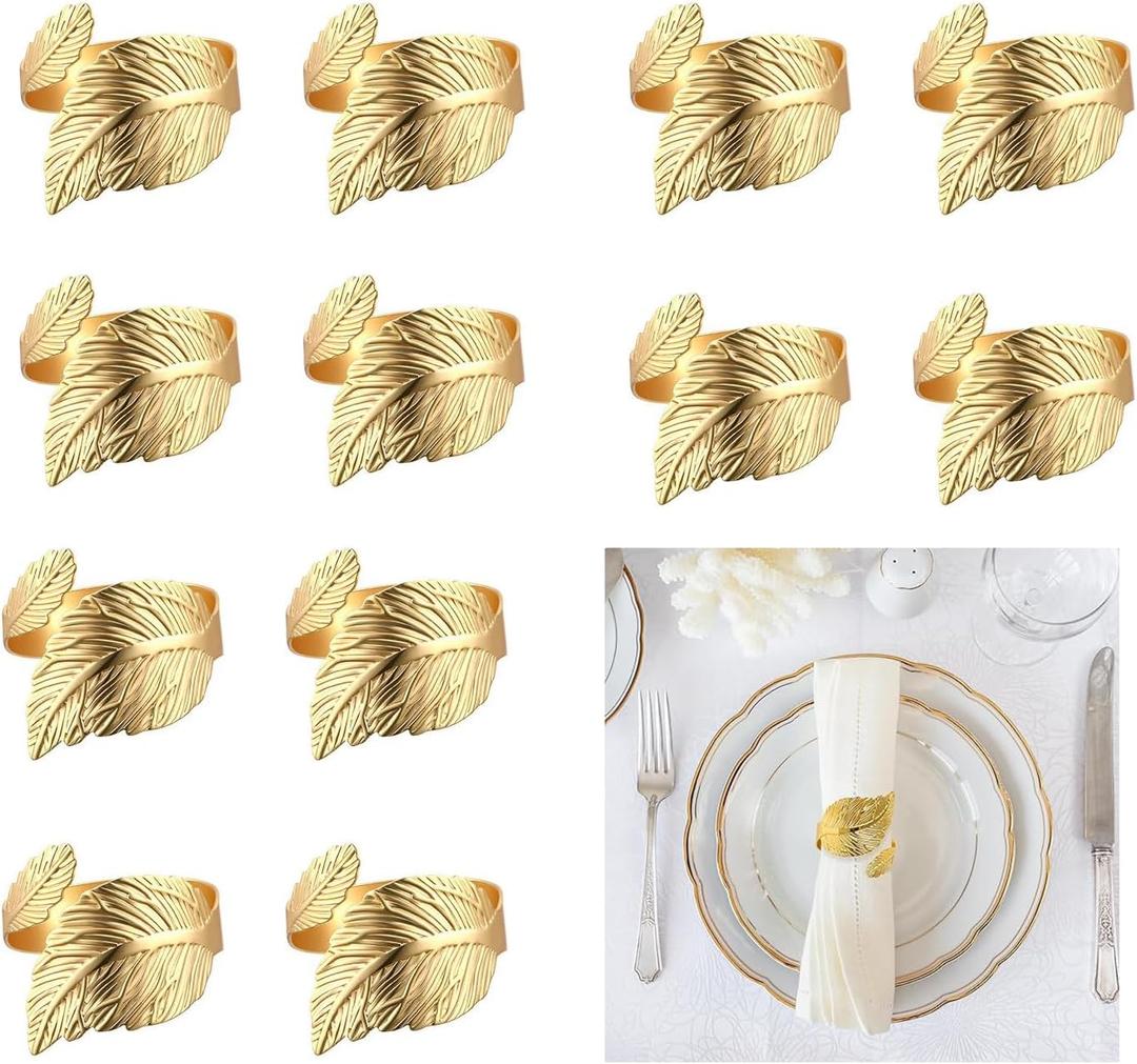 14K Gold Napkin Rings Set of 12,Metal Leaf Gold Napkins Rings Holder Buckles for Thanksgiving Christmas Napkin Rings for Wedding,Banquet,Party Dinner Table Decor