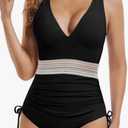 Buauty Women's One Piece Swimsuits Tummy Control Bathing Suits for Womens Color Block Drawstring V Neck Slimming Swimwear XXL
