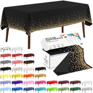 CXPSINC 54 Inch X 300 Feet Plastic Table Cover Roll Disposable Tablecloth with Slide Cutter for All Type/Shape Tables | Picnic, Party, Banquet, Birthdays, Weddings (Black & Gold Dot, 300 Feet)
