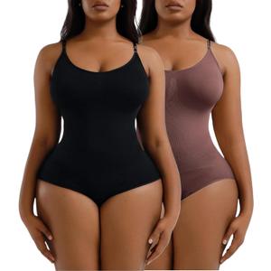 2 Piece Shapewear Bodysuits For Women Tummy Control Seamless Waist Body Suits Shaper (Black+Brown) (Medium)