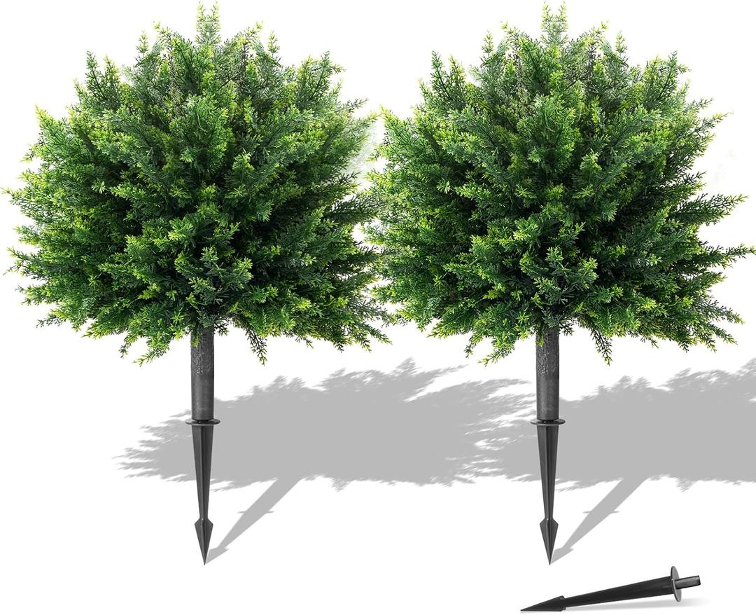 26" Artificial Cypress Topiary, 2pcs Artificial Cedar Topiary Ball Trees with Ground Spike, Outdoor Faux Shrubs with UV Resistant, Lasting Evergreen Bushes Push in Ground Plants for Front Porch