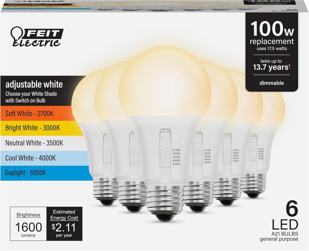 Feit Electric A21 LED Light Bulb, 100W Replacement, Dimmable, Selectable Color Temperatures (2700K-5000K), 1600 Lumens, General Purpose Light Bulbs, 15,000-Hour Lifetime, OM100DM/5CCTCA/LED/6, 6 Pack