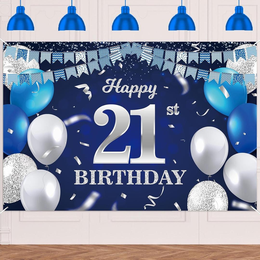 Happy 21st Birthday Banner Backdrop Navy Blue Balloons Confetti Stripe Flag Light Spots Cheers to 21 Years Old Theme Decorations Decor for Women Men 21st Birthday Party Bday Supplies Glitter Silver