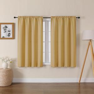 Lecloud Bessie Gold Short Curtains 45 Inch Length 2 Panels, Faux Linen Light Filtering Curtains with Dual Rod Pocket, Farmhouse Small Window Curtain for Bedroom Living Room, Each 30 W x 45 L