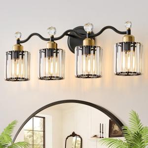 Modern Crystal Bathroom Vanity Light,Balck and Gold 4-Lights Bathroom Light Fixtures, Vanity Light Fixtures Over Mirror, Glass Wall Sconce Light for Bedroom, Kitchen, Living Room, Gallery, E26 Base (Black&Brass)