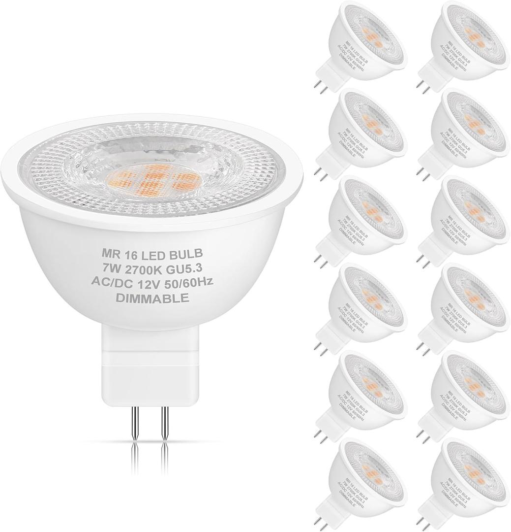 Yochoice 12-Pack MR16 LED Dimmable Light Bulb 70 Watt Halogen Equivalent, 2700K Warm White 7W GU5.3 12V Low Voltage Spotlight Bulb, Track Light Bulb for Outdoor Flood Landscape Lighting