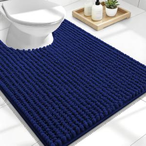 OLANLY Thick Toilet Rugs U-Shaped 24x20, Extra Soft Absorbent Shaggy Chenille Contour Bathroom Rugs for Toilet, Dry Quickly, Machine Washable, Non-Slip Bath Mat, Navy