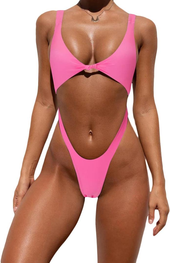 Tainehs Womens Sexy One Piece Bikini Swimsuits High Cut Cheeky Swimwear Thong Bottoms Bathing Swimsuits (Small, Pink)