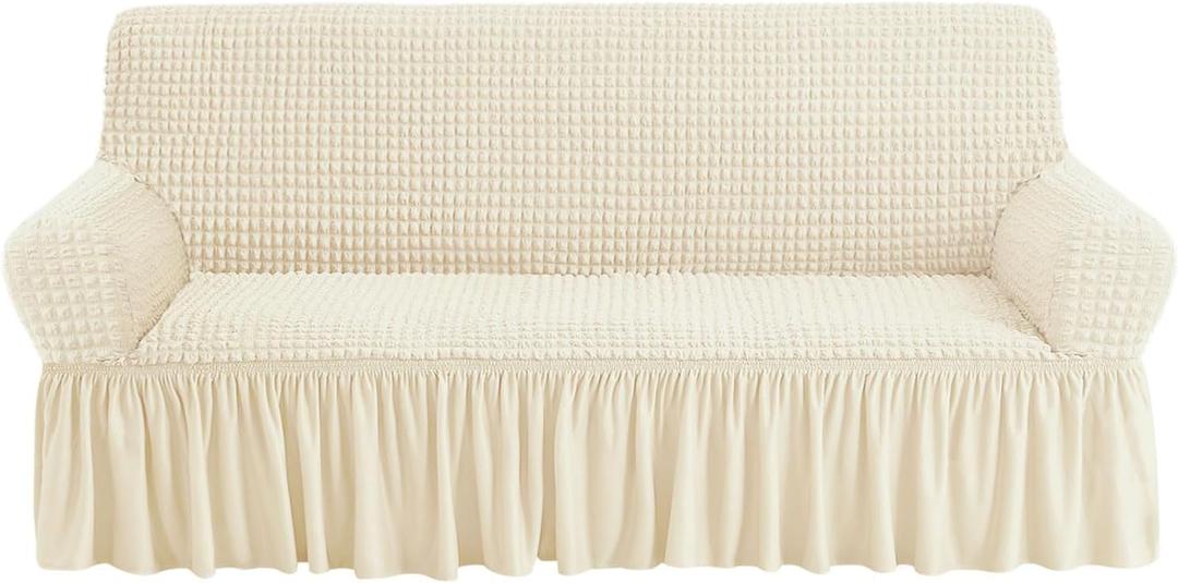 NICEEC Sofa Slipcovers Beige Couch Covers Washable Stretch Fitted Sofa Cover for 3 Cushion Couch Universal 3 Seat slipcover Durable Furniture Protector with Skirt Country Style