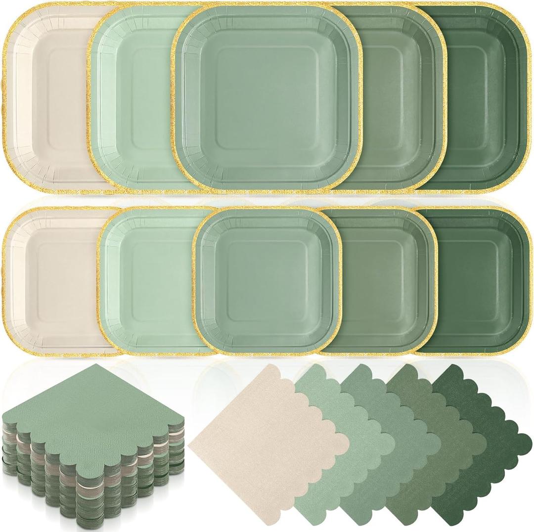 Zhehao 150 Piece Sage Green Plates and Napkins for 50 Guests, Includes Each of 7" and 9" Gradient Green Square Paper Plates, Scalloped Napkins for Baby Showers, Weddings, Birthday Party Decorations