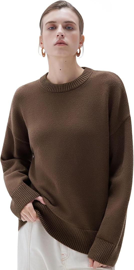 SUUKSESS Women Cashmere Blend Oversized Crew Neck Long Sleeve Pullover Sweaters (Small, Cocoa Brown)