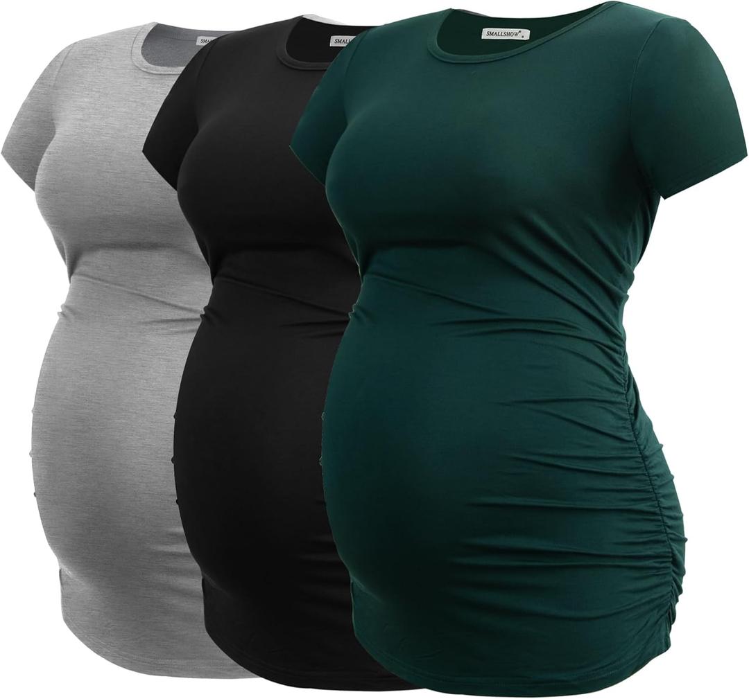 Smallshow Women's Maternity Tops Side Ruched Tunic T-Shirt Pregnancy Clothes (Black/Light Grey/Deep Green), 
Small