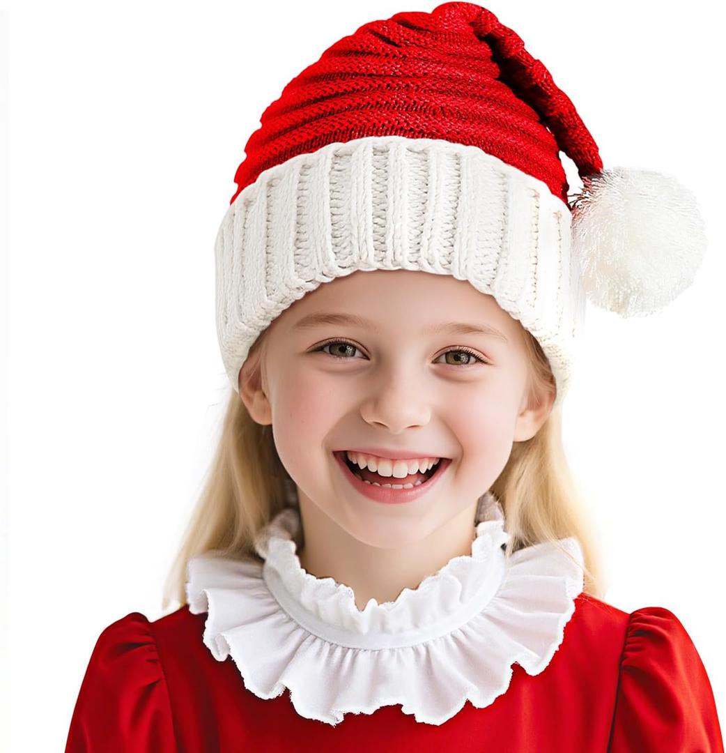 Santa Hat Christmas Hat for Adults Kids/Baby, Red Knitted Beanie Hats with Pompom, Unisex Xmas Holiday Hats with Gift Bag